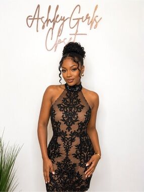Stone Cold Fox Black Lace Halter Mini Dress Nude Mesh NWT Size S